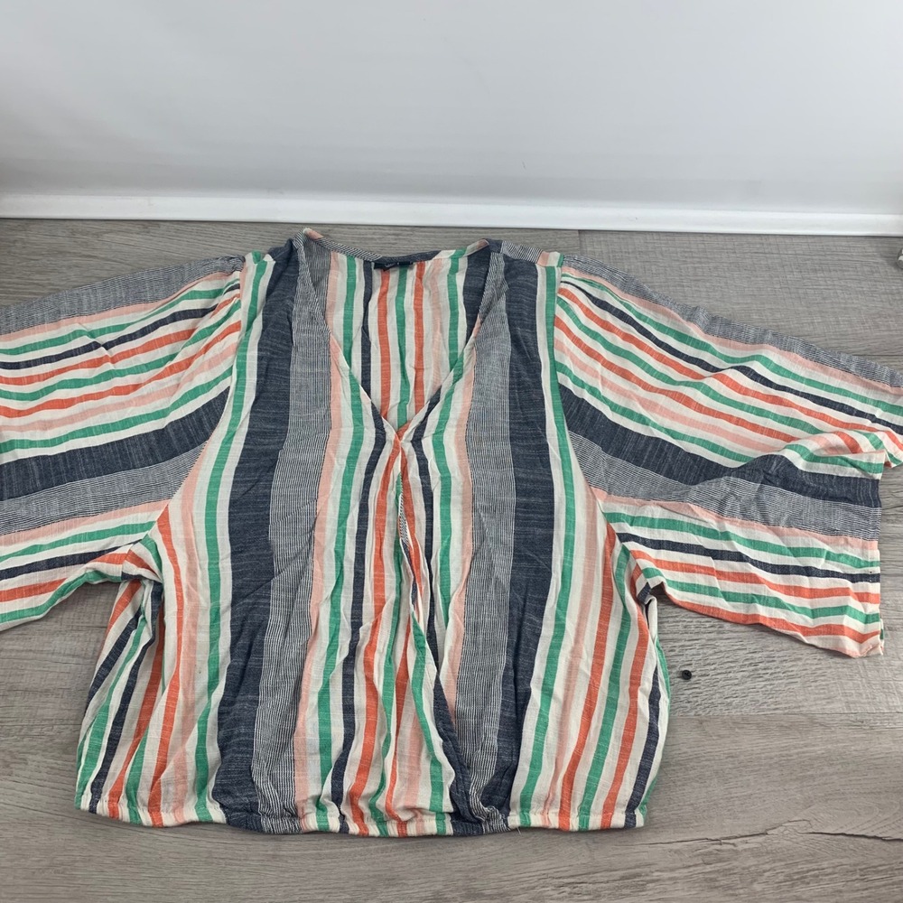 a.n.a A New Approach Women L Tall Multi Color Striped Surplice Blouse Top 2581